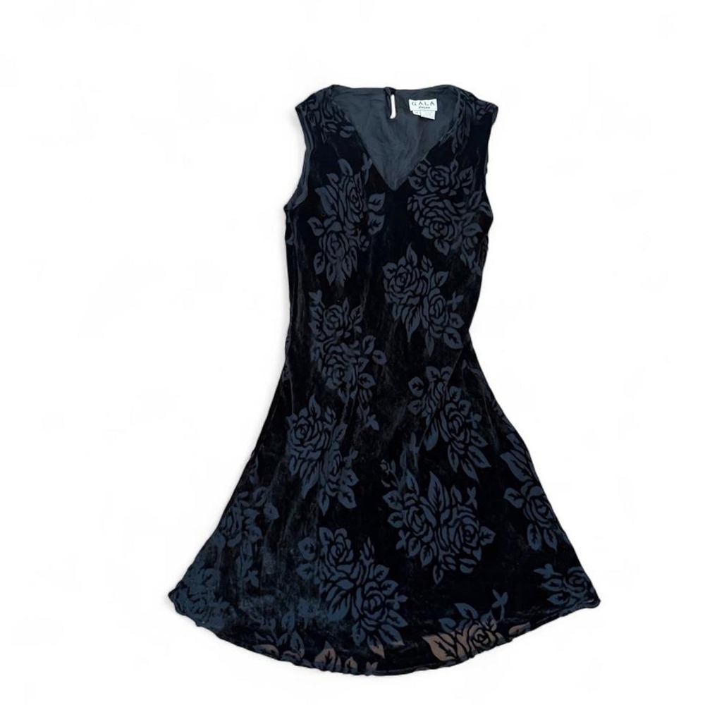 Vintage 90s Gala Silk Burnout Rose Black Velvet Dress Midi V-Neck M